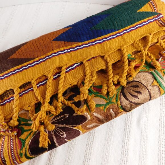 Floral Silk Embroidered Table Runner, Gold Brown Fall Autumn Fringe 90"x17" - Picture 4 of 12